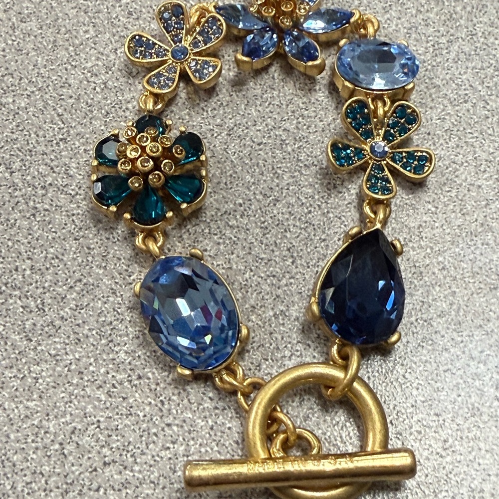 Oscar de la Renta Gold Bracelet with Blue and Teal Crystal Flowers - Picture 4 of 9